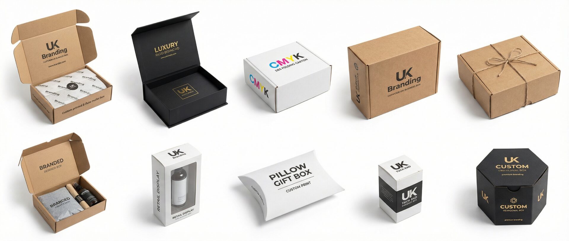 Types of custom boxes UK — mailer, rigid, folding carton, shipping, kraft, subscription, display - Wabs Print
