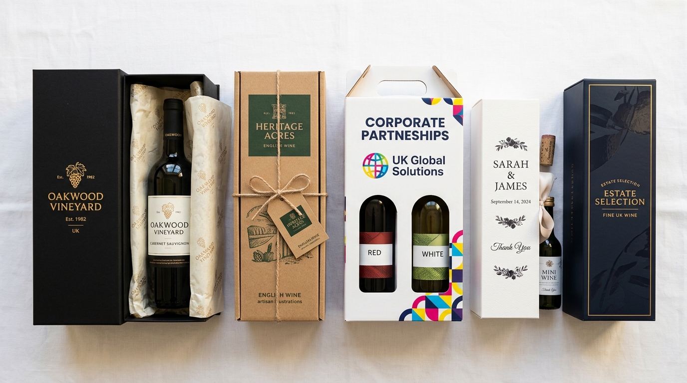 Custom printed wine boxes UK examples — foil, soft-touch, kraft, rigid, personalised - Wabs Print