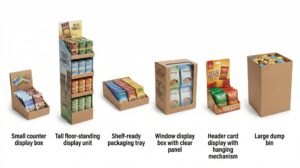 Six display box types UK comparison - counter floor shelf-ready window header dump bin cardboard displays