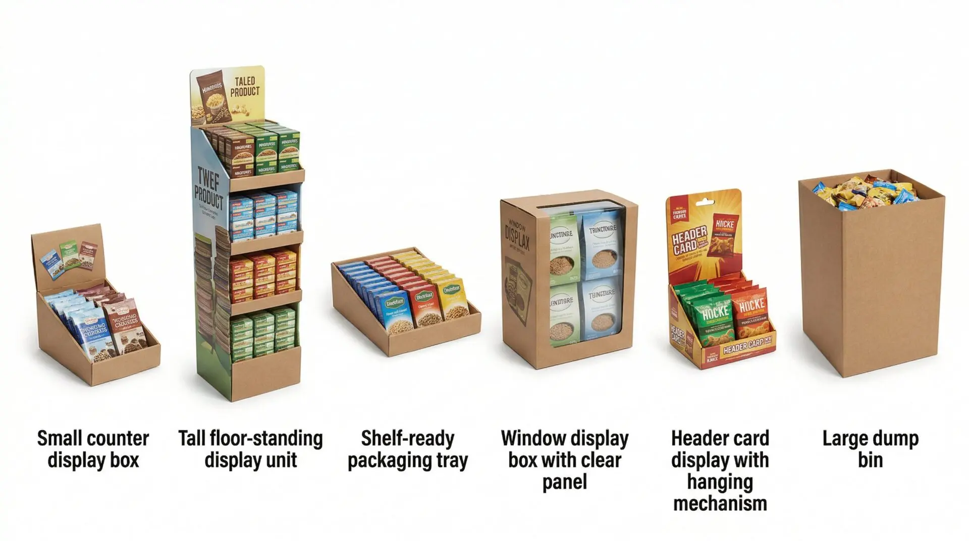 Display box types UK comparison - counter floor shelf-ready window header dump bin