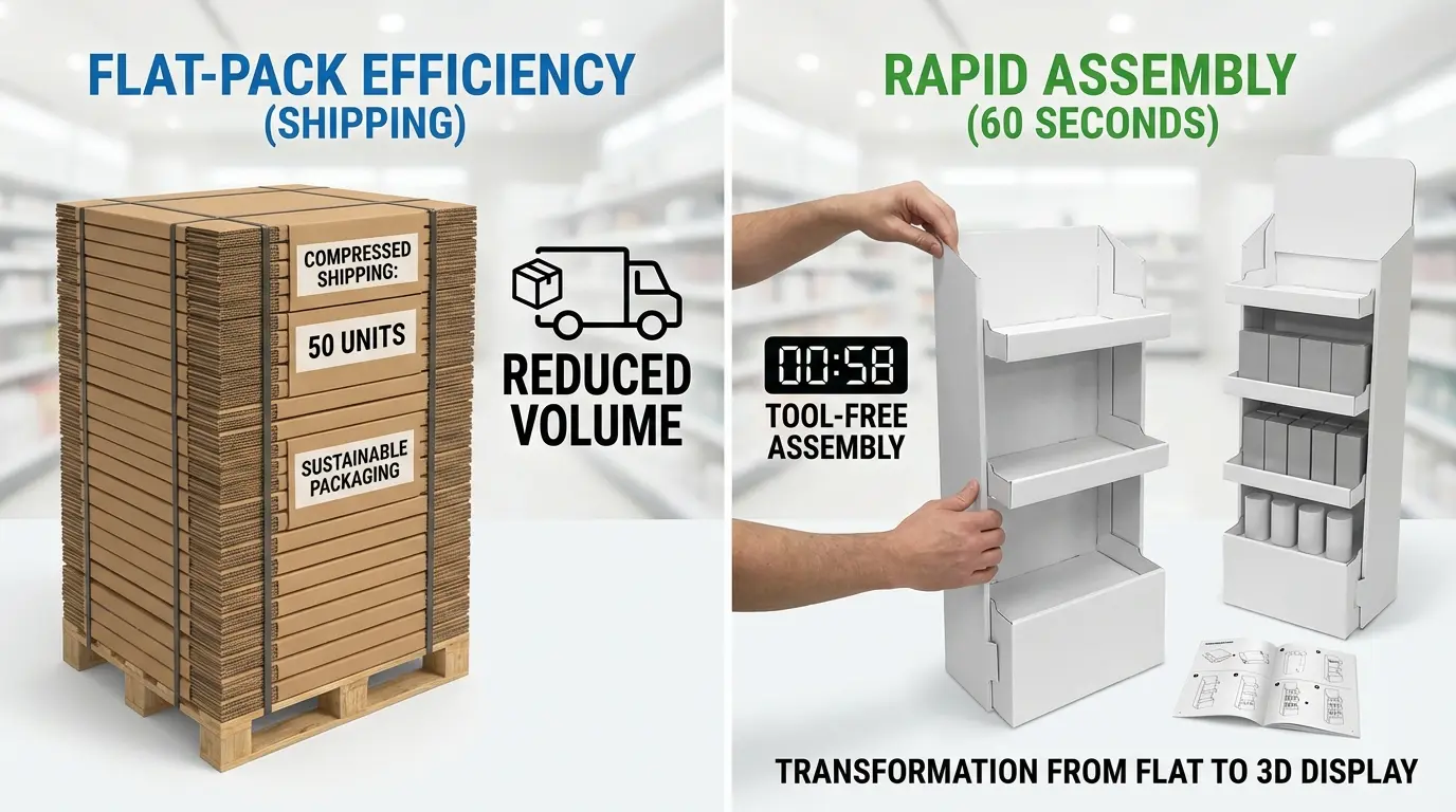 Flat pack display boxes UK - shipping efficiency and easy assembly retail merchandising