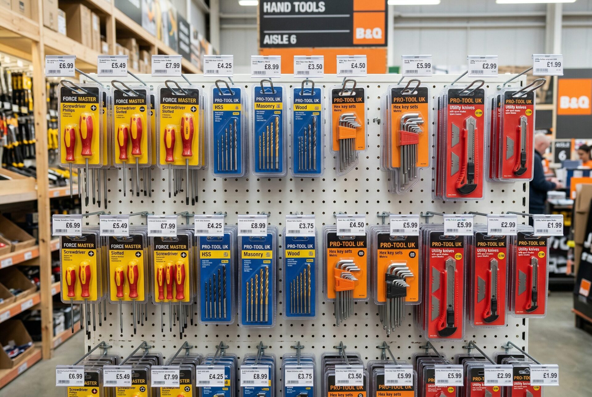 Hardware tools in blister packaging UK retail display - screwdrivers, drill bits, spanners on pegboard merchandising