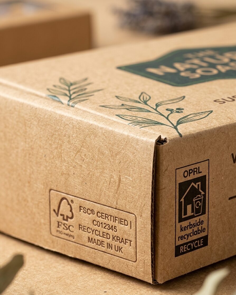 Kraft box UK close-up showing natural fibre texture, FSC mark and OPRL label - Wabs Print
