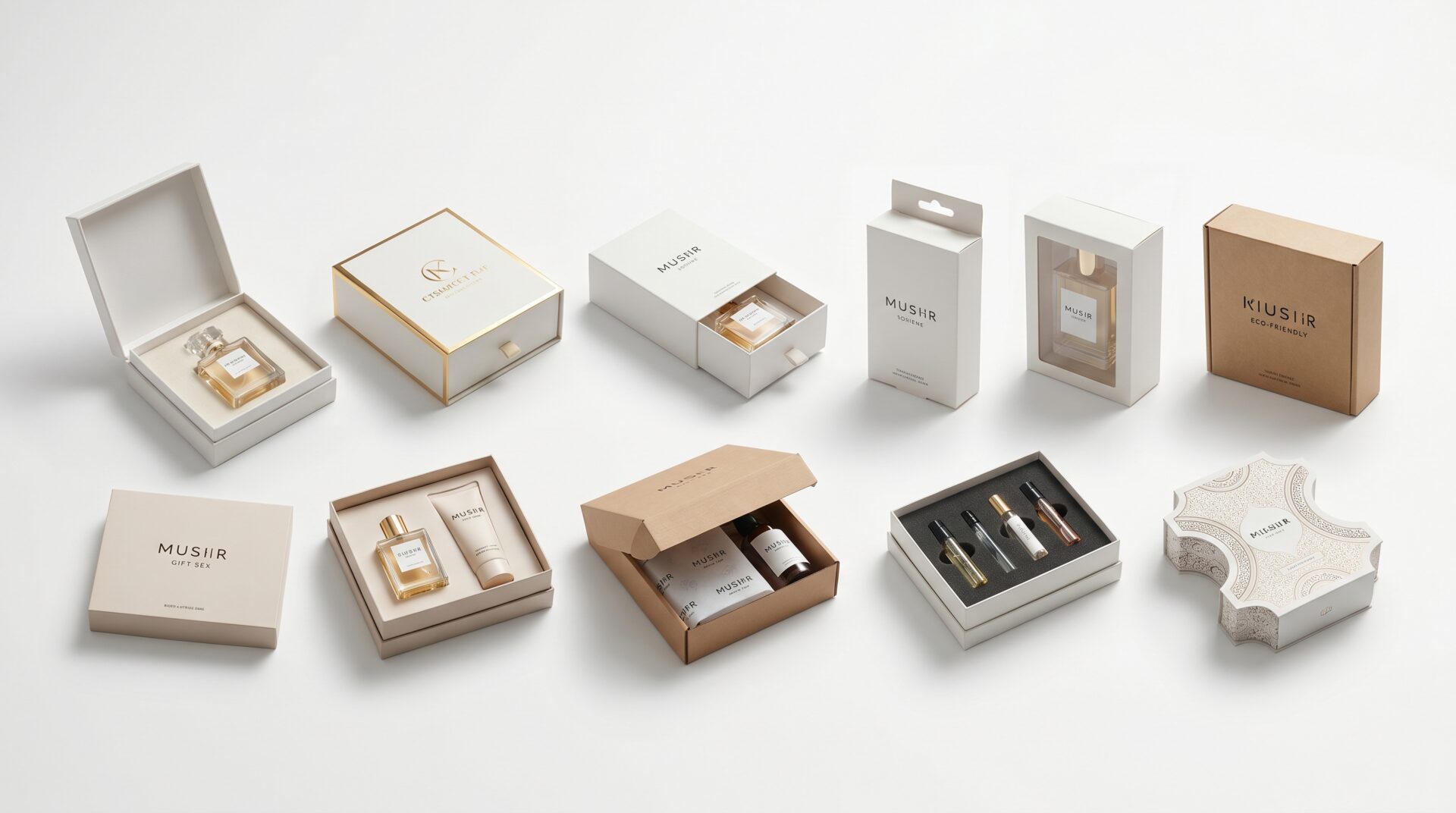 10 types of perfume boxes UK — rigid magnetic closure, drawer slide-out, tuck-end carton, windowed, kraft eco, gift set, subscription mailer, multi-bottle gift, die-cut luxury