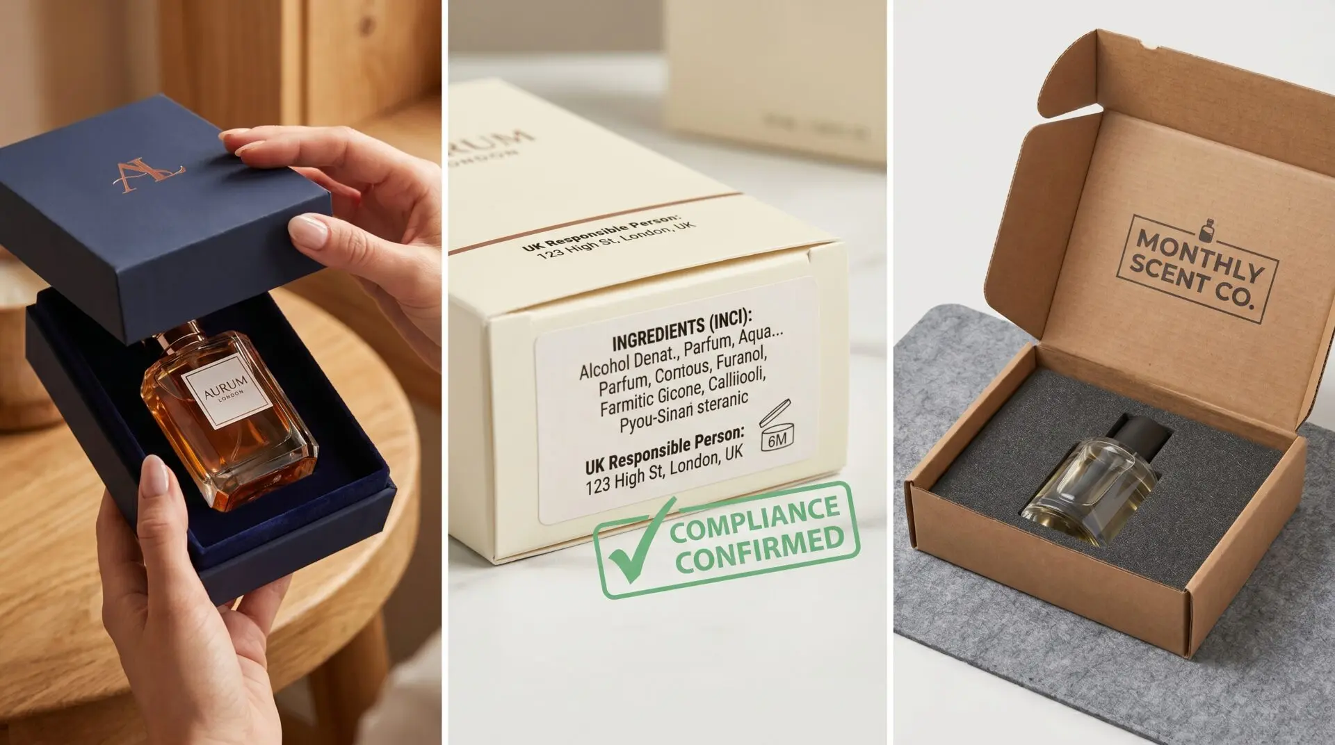 UK perfume brand packaging success — rigid magnetic closure box unboxing D2C, Selfridges-compliant outer carton with compliance panels, zero glass breakage subscription mailer with foam insert
