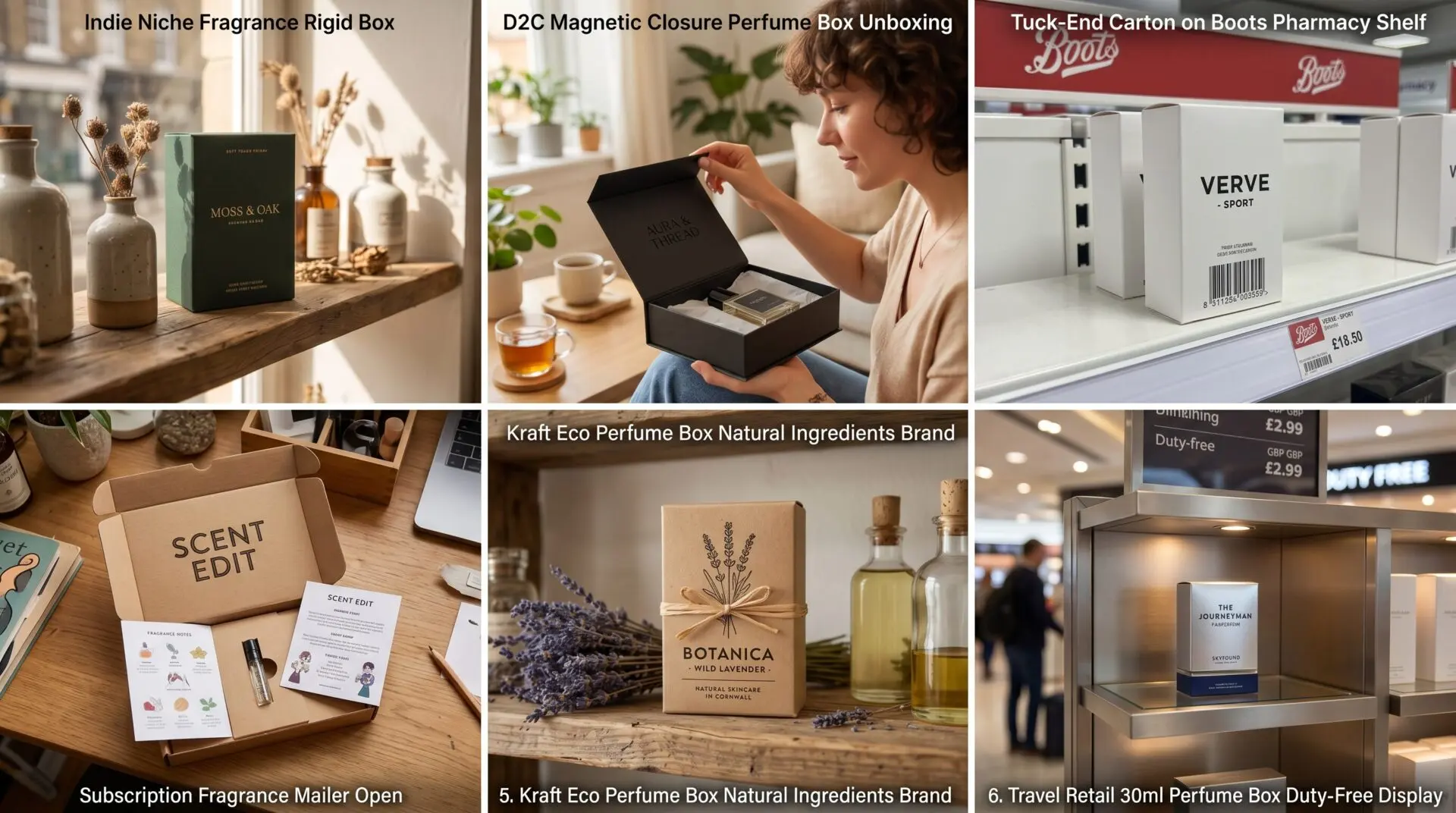 UK perfume box industries served — niche indie fragrance, D2C gifting, Selfridges retail, fragrance subscription, natural organic, travel duty-free
