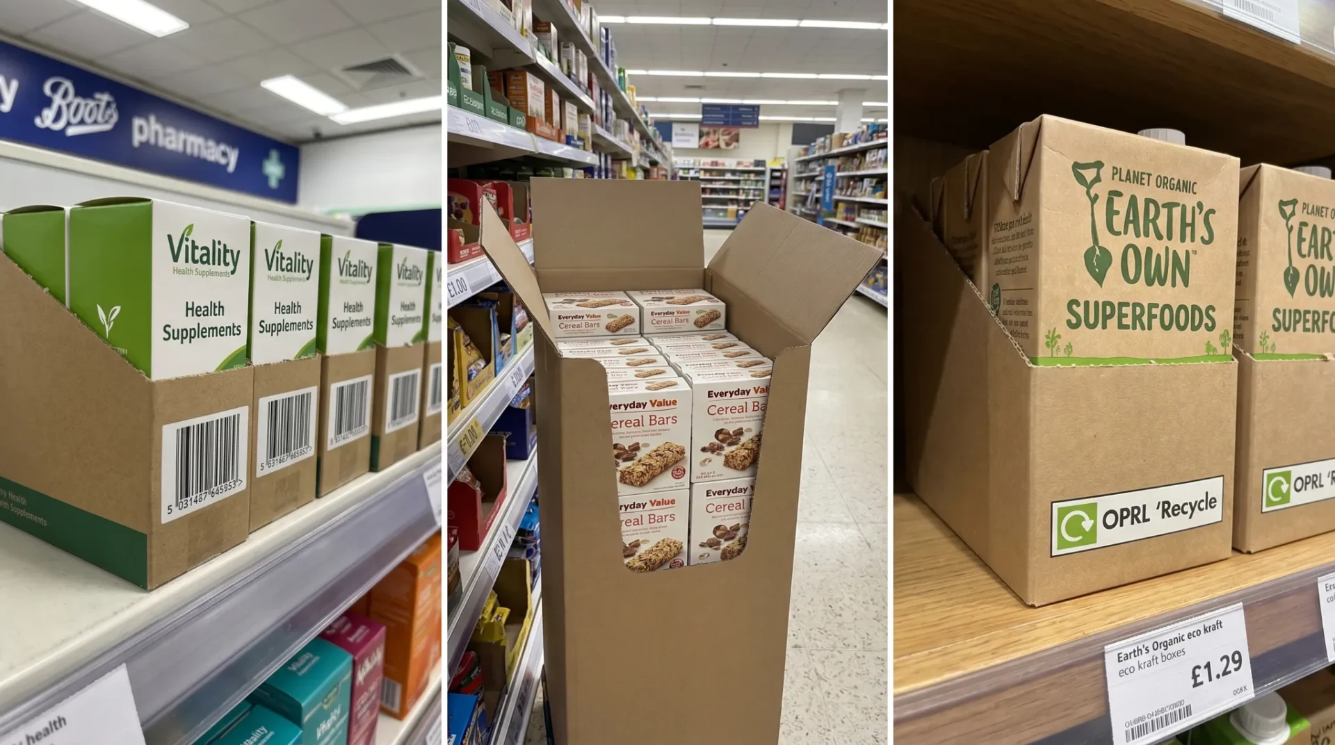 UK brand retail packaging success stories — health supplements on Boots shelf, food brand SRP on Tesco gondola, beauty brand Planet Organic shelf