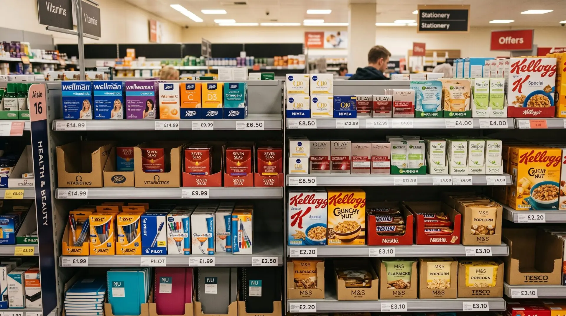 UK retail packaging shelf display showing multiple branded folding cartons, windowed retail boxes, and SRP shelf-ready cases on a retail gondola
