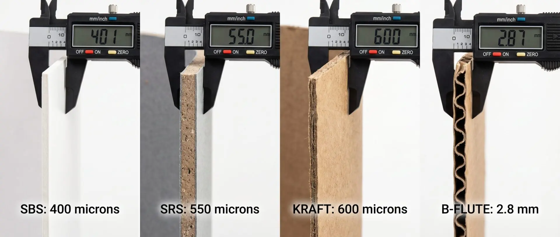 UK retail packaging board materials comparison — SBS white coated board, SRS recycled board, unbleached kraft, corrugated flute — cross-sections shown