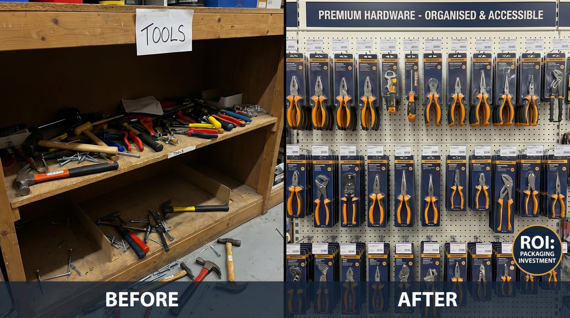Blister packaging UK retail transformation - before loose products vs after professional blister display on pegboard