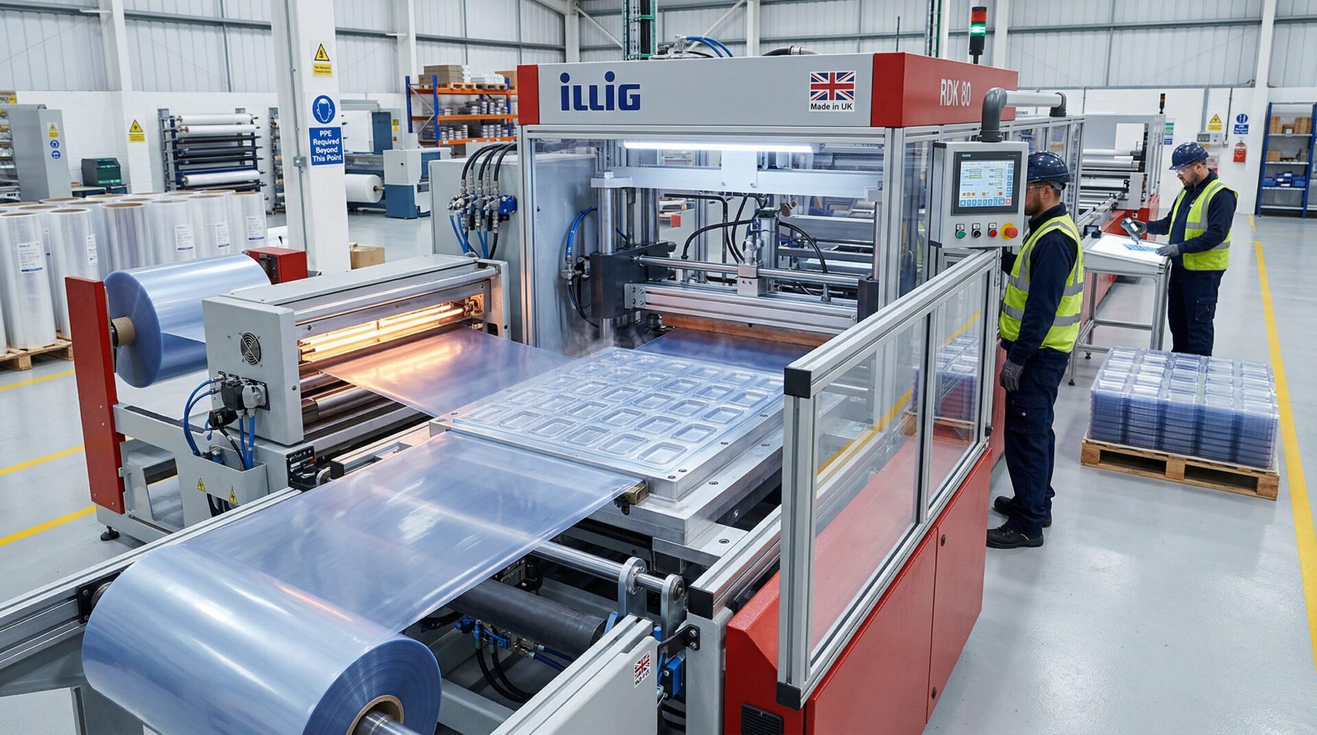 RPET thermoforming process for blister packaging manufacturing UK - plastic sheet heating, vacuum forming over mould, cooling and trimming