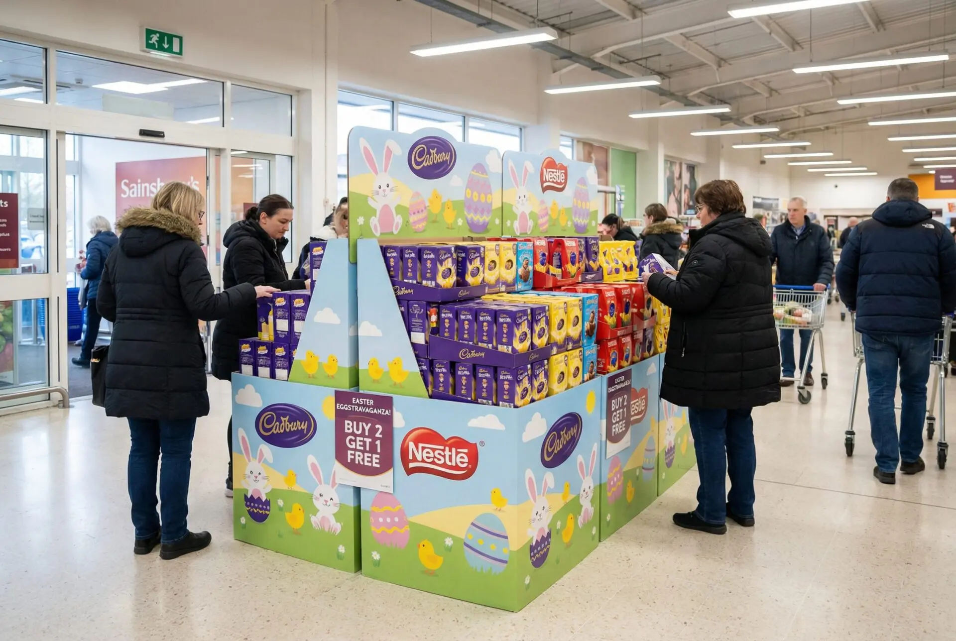 Seasonal chocolate display box in UK retail store - Counter and promotional display for confectionery