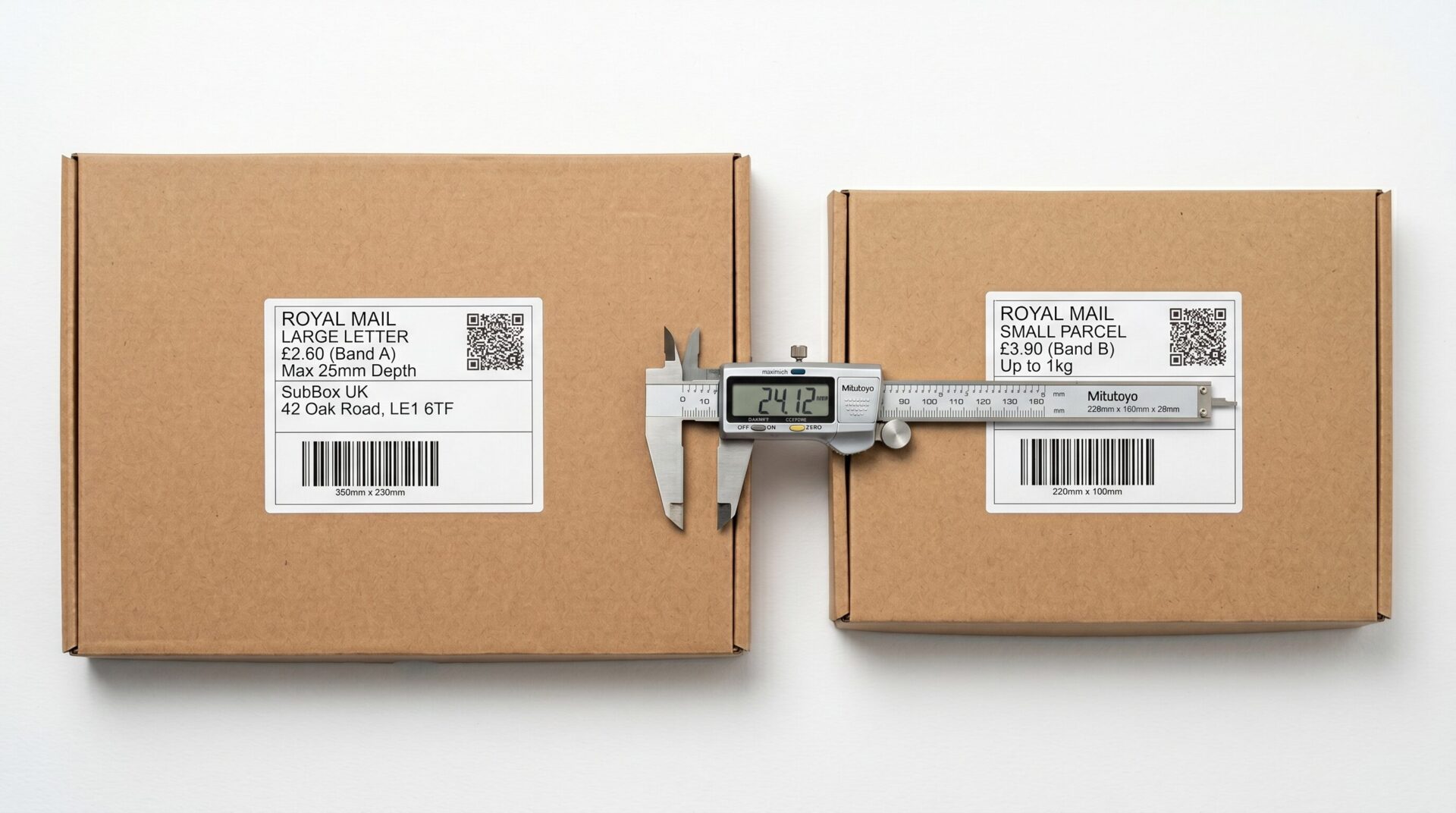 Subscription box courier band optimisation — Royal Mail large letter vs small parcel size comparison, calliper measurement showing 25mm depth threshold