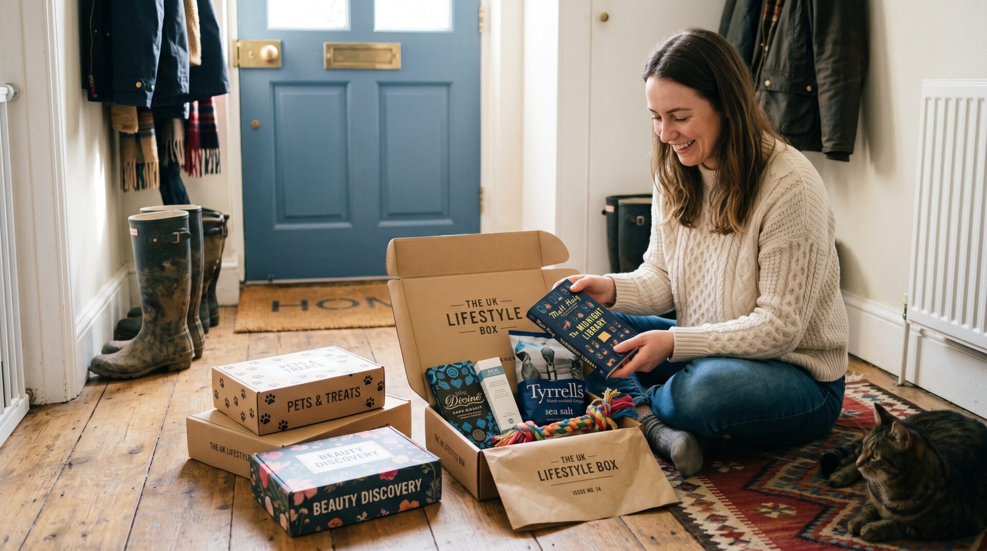 UK subscription box market — beauty, food, pet, wellness, books subscription boxes displayed on doorstep being opened
