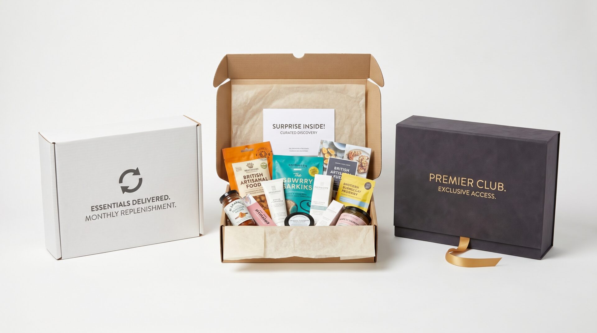 Three subscription models comparison — Replenishment, Curation, and Access/Premium subscription boxes with different packaging specifications