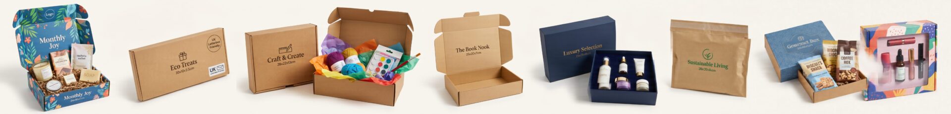 8 types of UK subscription boxes — mailer box interior print, letterbox format, corrugated shipper, crash-lock, rigid premium, eco kraft, sleeve set, windowed