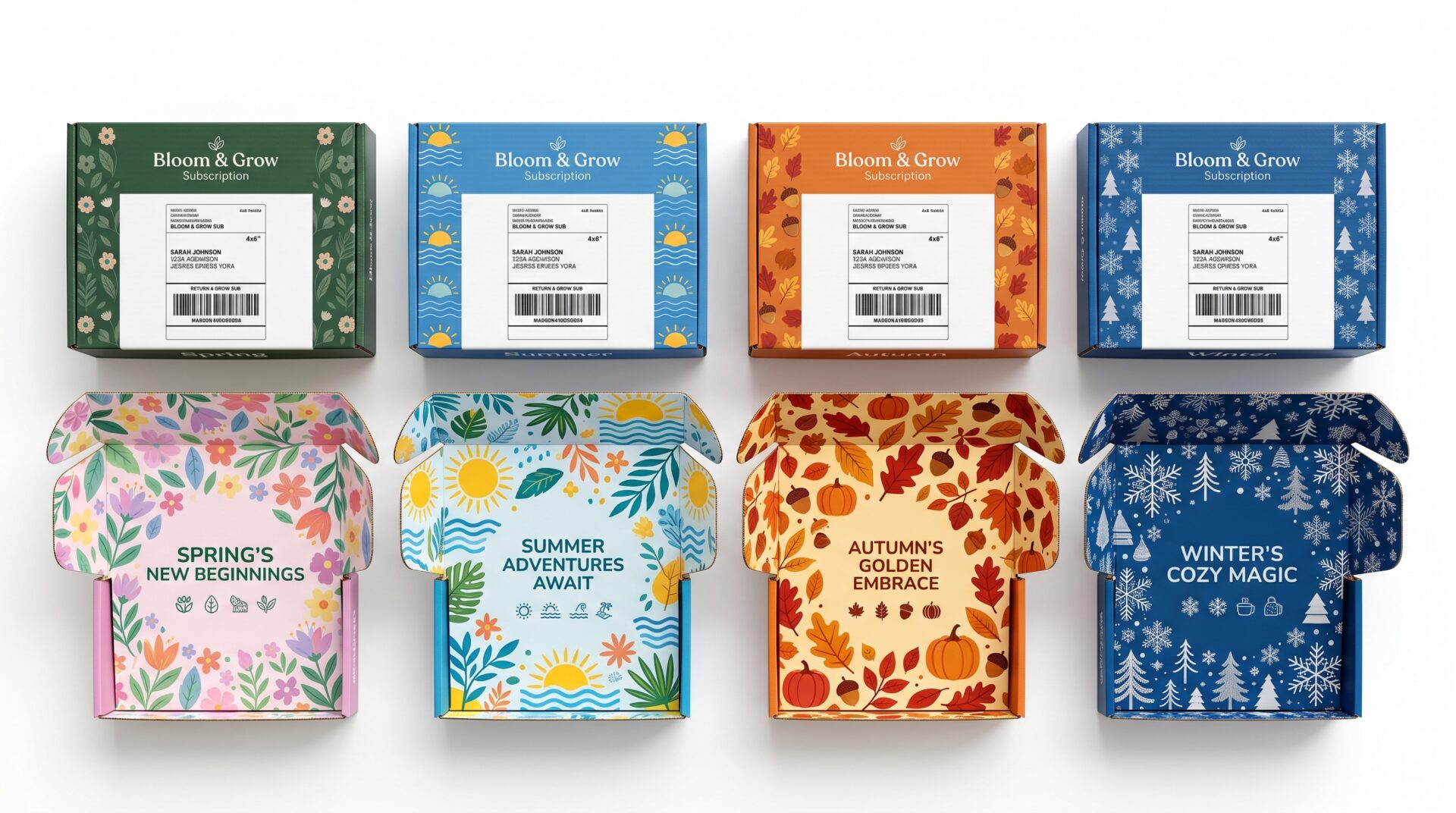 Subscription box unboxing design — premium interior print, rotating artwork, personalised inserts, carrier label safe zone