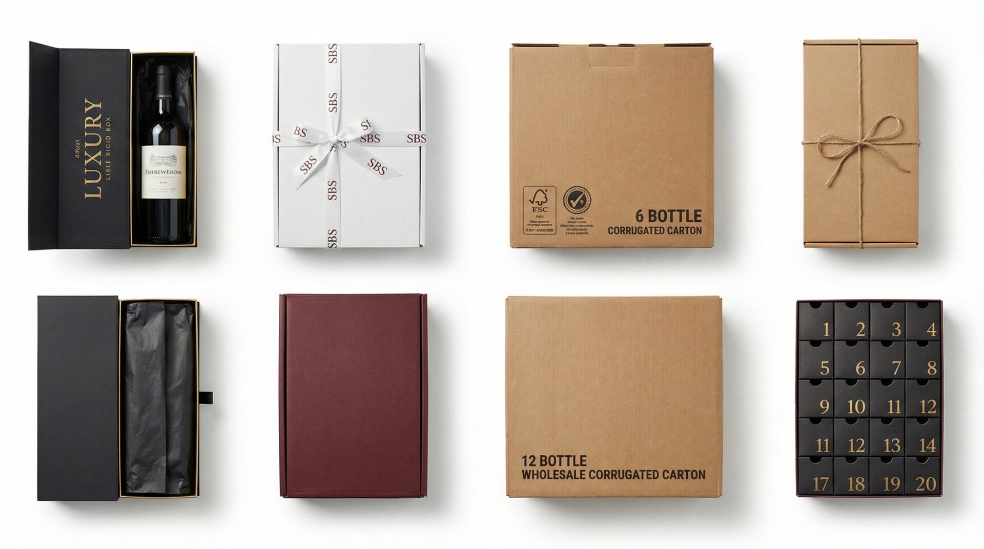 Types of wine boxes UK — single bottle gift, double, rigid luxury, corrugated postal, kraft eco, magnum - Wabs Print