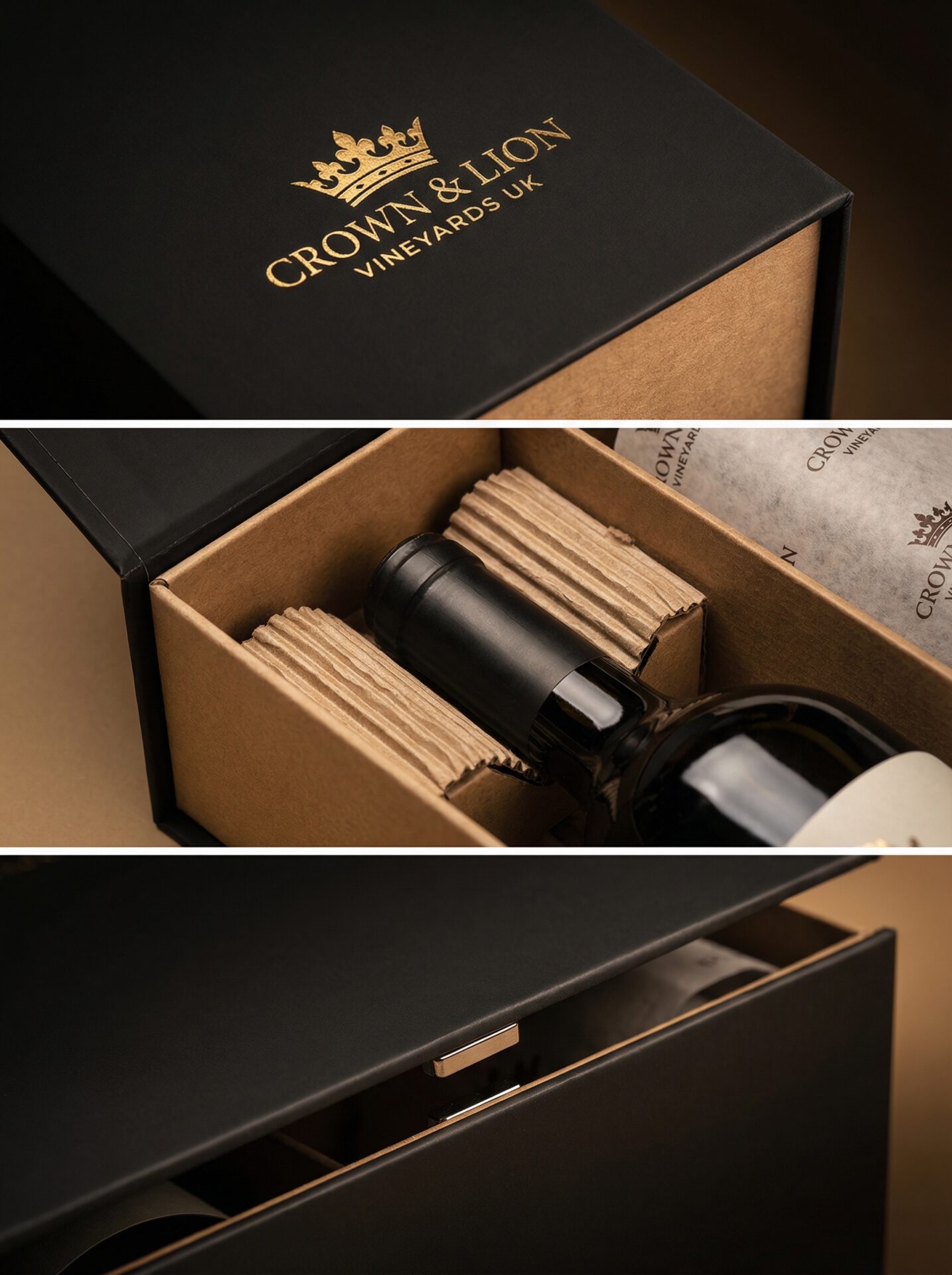 Custom wine box UK close-up showing corrugated insert, bottle neck protection and gold foil print - Wabs Print
