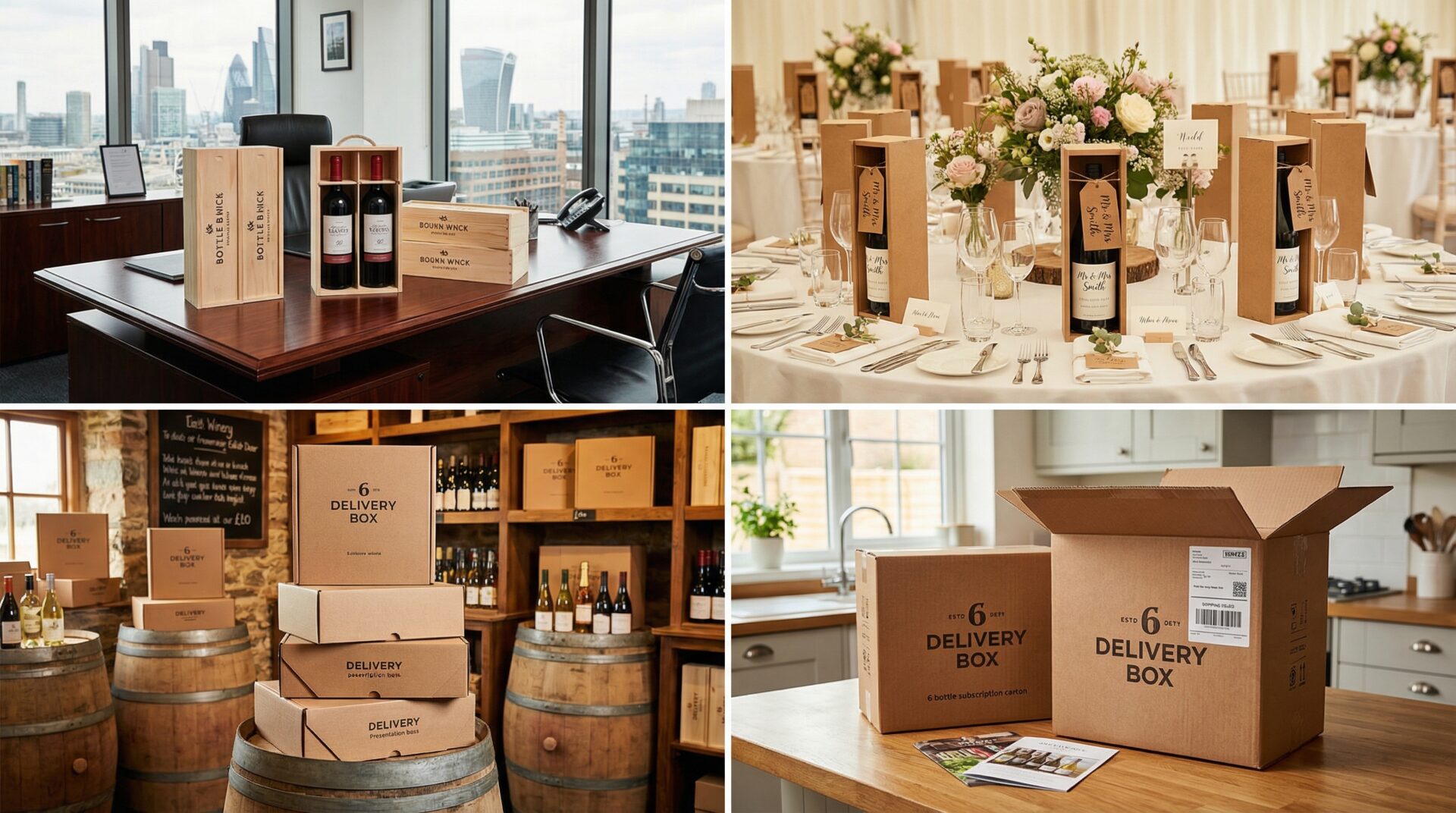 Wine boxes UK in use — corporate gifting, wedding table, winery cellar door, D2C delivery - Wabs Print