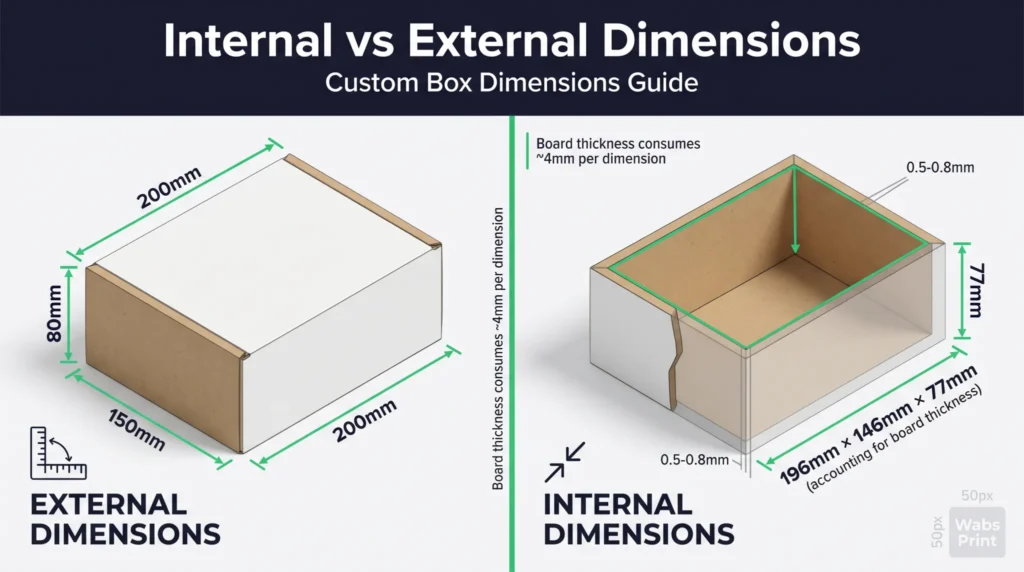 Four-step visual guide for measuring internal custom box dimensions UK: Step 1 measure product dimensions in millimetres, Step 2 add 5-10mm for protective materials, Step 3 add 5-10mm handling clearance, Step 4 round to nearest 5mm increment for manufacturing compatibility