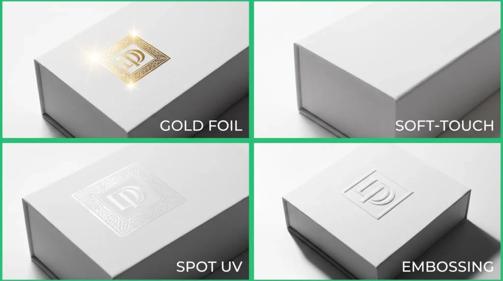 Four luxury packaging finishes on premium rigid boxes: gold foil stamping, soft-touch lamination, spot UV printing, and embossed detailing