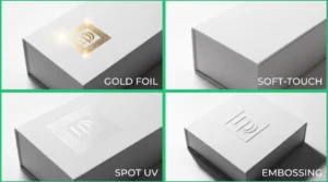 Four luxury packaging finishes on premium rigid boxes: gold foil stamping, soft-touch lamination, spot UV printing, and embossed detailing