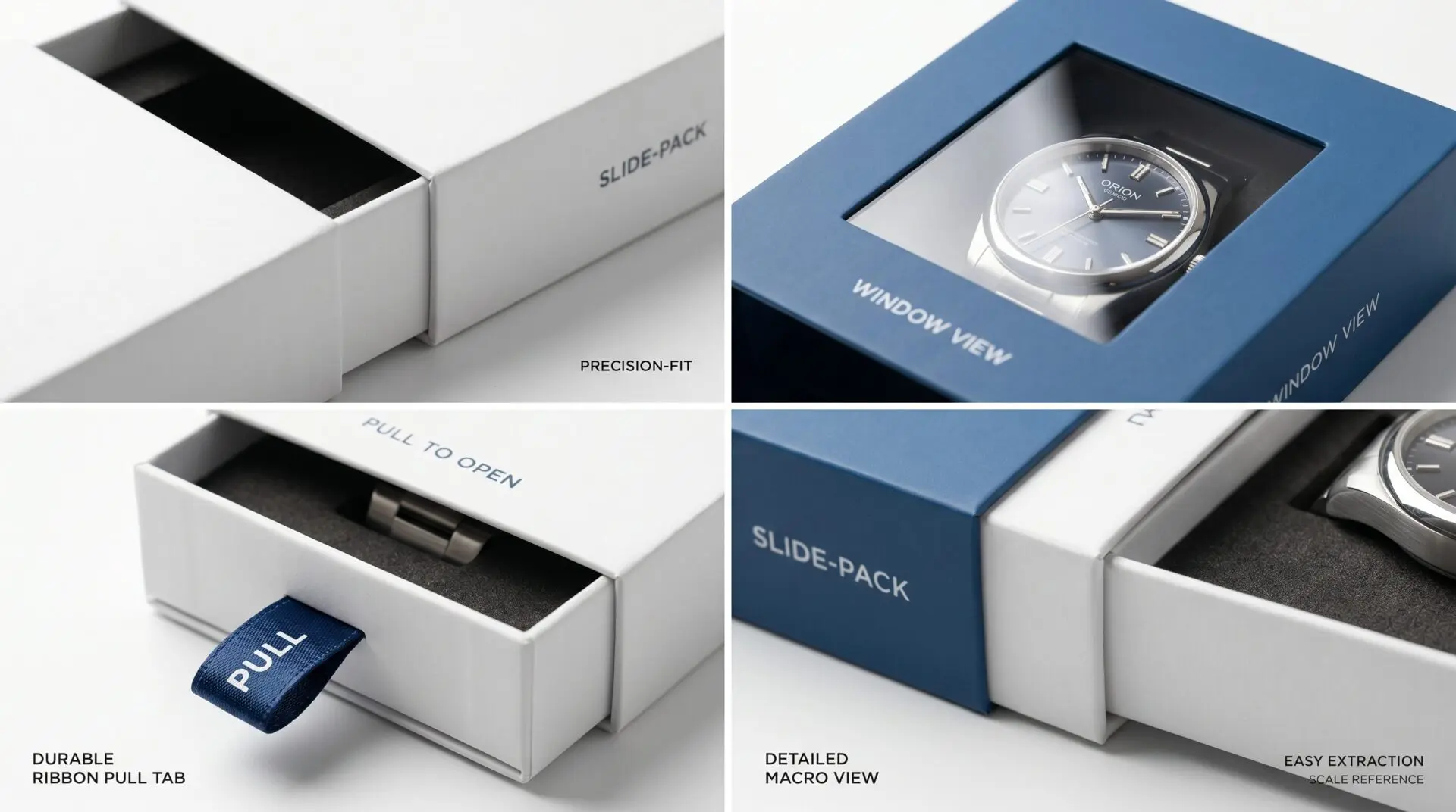 Close-up of sleeve box sliding mechanism UK window cut-out sleeve box and magnetic ribbon pull tab detail on white studio