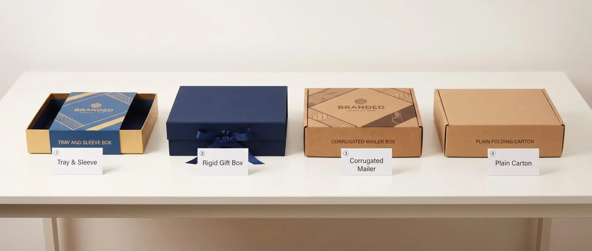 Side by side comparison of sleeve box versus rigid box versus mailer box versus folding carton UK showing quality and price difference