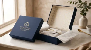 Luxury rigid box UK with magnetic closure, gold foil stamping and soft-touch matte finish, open to show interior print premium unboxing moment
