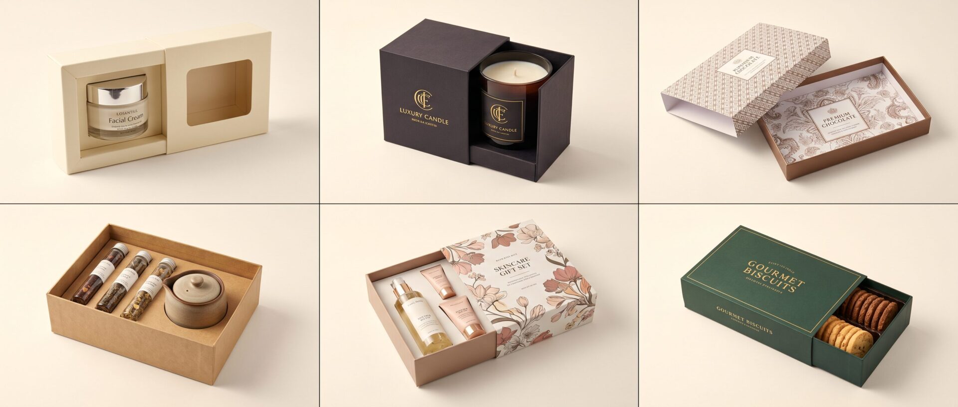 Sleeve boxes UK in use — cosmetics sliding sleeve box candle packaging e-commerce sleeve box and food product sleeve packaging on studio surface