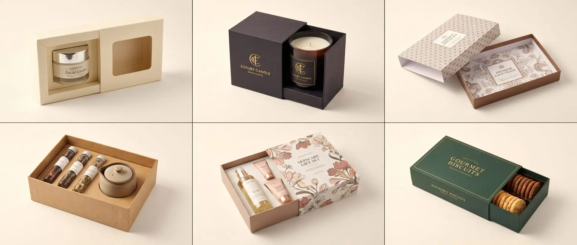 Sleeve boxes UK in use   cosmetics sliding sleeve box candle packaging e-commerce sleeve box and food product sleeve packaging on studio surface