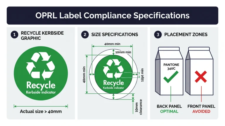 OPRL Labels compliance specifications infographic with three panels: Recycle Kerbside graphic in Pantone 340C green, size and clearance specifications showing 40mm minimum diameter, 12-point minimum text, and 10mm clearance zone, and placement best practices showing back panel as preferred location with green checkmark and front panel as unacceptable with red X mark
