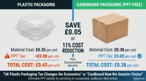 "Cost comparison infographic: plastic packaging tax uk showing £0.35 material cost plus £0.08 PPT tax equals £0.43 total (in orange), versus cardboard packaging showing £0.38 material cost plus £0.00 PPT tax equals £0.38 total (in green), demonstrating 5 pence cost saving with cardboard alternatives"