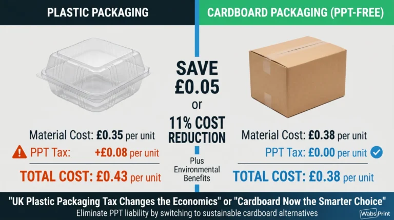 "Cost comparison infographic: plastic packaging tax uk showing £0.35 material cost plus £0.08 PPT tax equals £0.43 total (in orange), versus cardboard packaging showing £0.38 material cost plus £0.00 PPT tax equals £0.38 total (in green), demonstrating 5 pence cost saving with cardboard alternatives"
