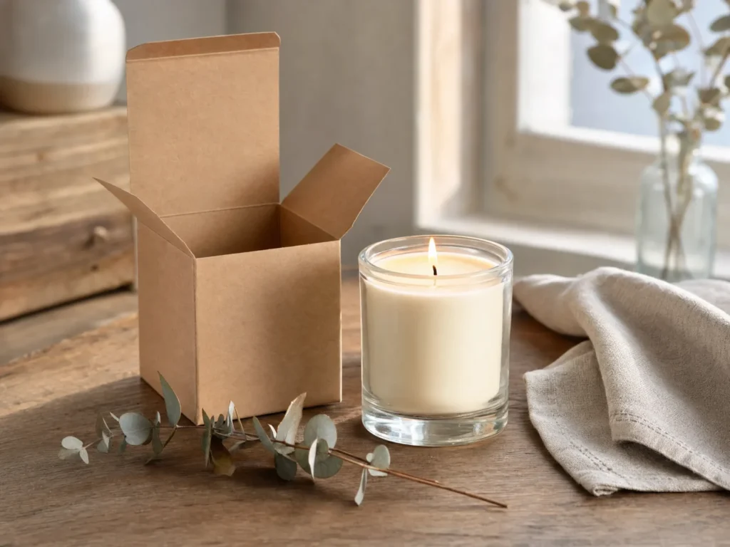 Kraft candle boxes lifestyle shot lit candle jar custom candle boxes UK | Wabs Print