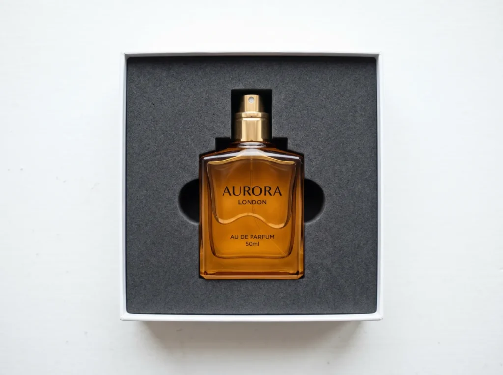 Die-cut foam insert perfume bottle protection packaging detail UK fragrance boxes | Wabs Print