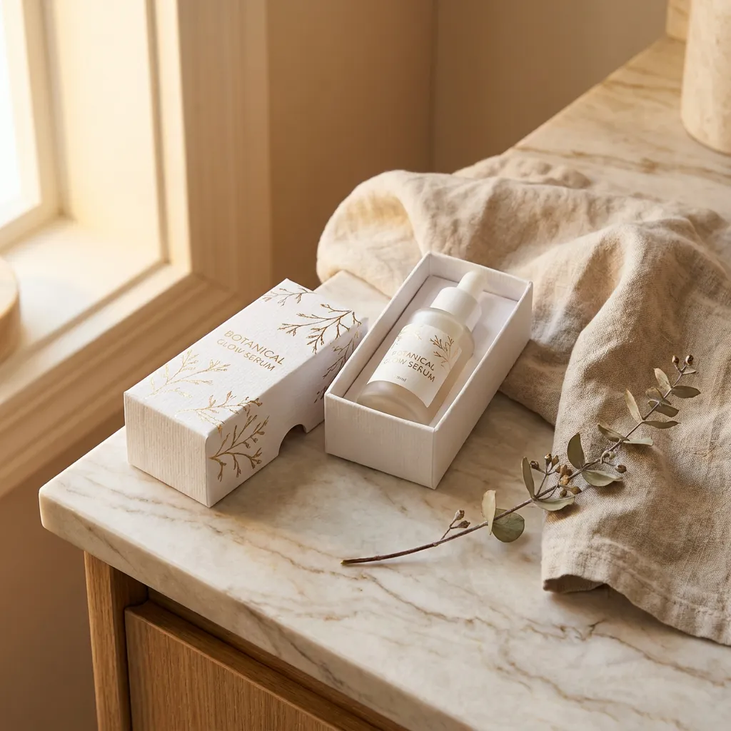 Indie cosmetic box lifestyle shot small batch skincare packaging custom cosmetic boxes UK | Wabs Print
