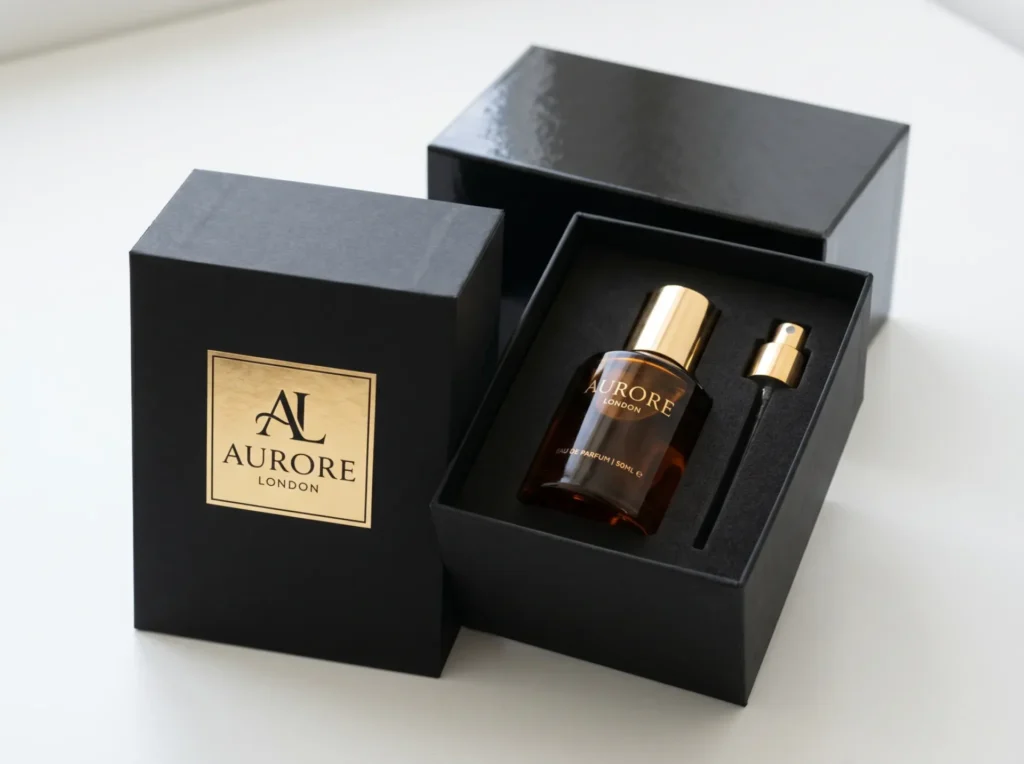 Rigid perfume box gold foil logo with foam bottle insert luxury fragrance packaging UK | Wabs Print