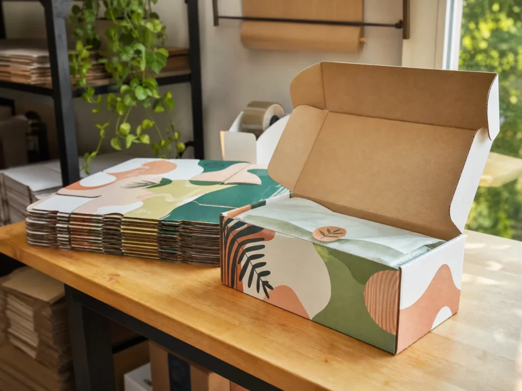 B-flute crash-lock corrugated box litho-laminate print D2C packing bench custom corrugated boxes UK | Wabs Print