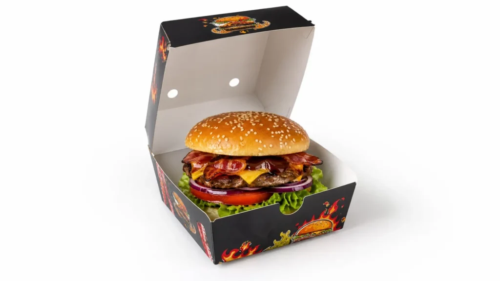 Branded burger box open clamshell with burger inside custom burger boxes UK restaurant | Wabs Print