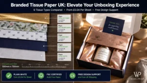 Split-screen featured image showing on the left five tissue paper type samples stacked with callout labels for gsm weight, type name and price per sheet including plain white, solid colour, 1-colour printed, full-colour CMYK, and metallic gold, and on the right an open mailer box with rose gold branded tissue folded at the top revealing a skincare product with a thank-you card tucked into the fold in warm natural light. Top banner reads Branded Tissue Paper UK Elevate Your Unboxing Experience with subtitle 6 Tissue Types Compared From £0.04 Per Sheet Free Design Support. Bottom badges: Plain White from £0.04 Per Sheet, FSC Certified Acid-Free Paper, Free Design Support and Free UK Shipping. Wabs Print logo bottom right. | Wabs Print