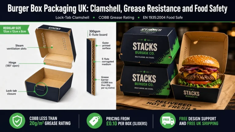 Split-screen featured image showing on the left an exploded clamshell burger box diagram with callouts for the lock-tab closure, steam ventilation slots, 300gsm E-flute board and grease barrier COBB rating less than 20g per square metre, and on the right a branded burger box on a delivery bag with a second box stacked on top. Top banner reads Burger Box Packaging UK Clamshell Grease Resistance and Food Safety. Bottom badges: COBB Less Than 20g per Square Metre, Pricing From £0.10 Per Box Sliders, Free Design Support and Free UK Shipping. Wabs Print
