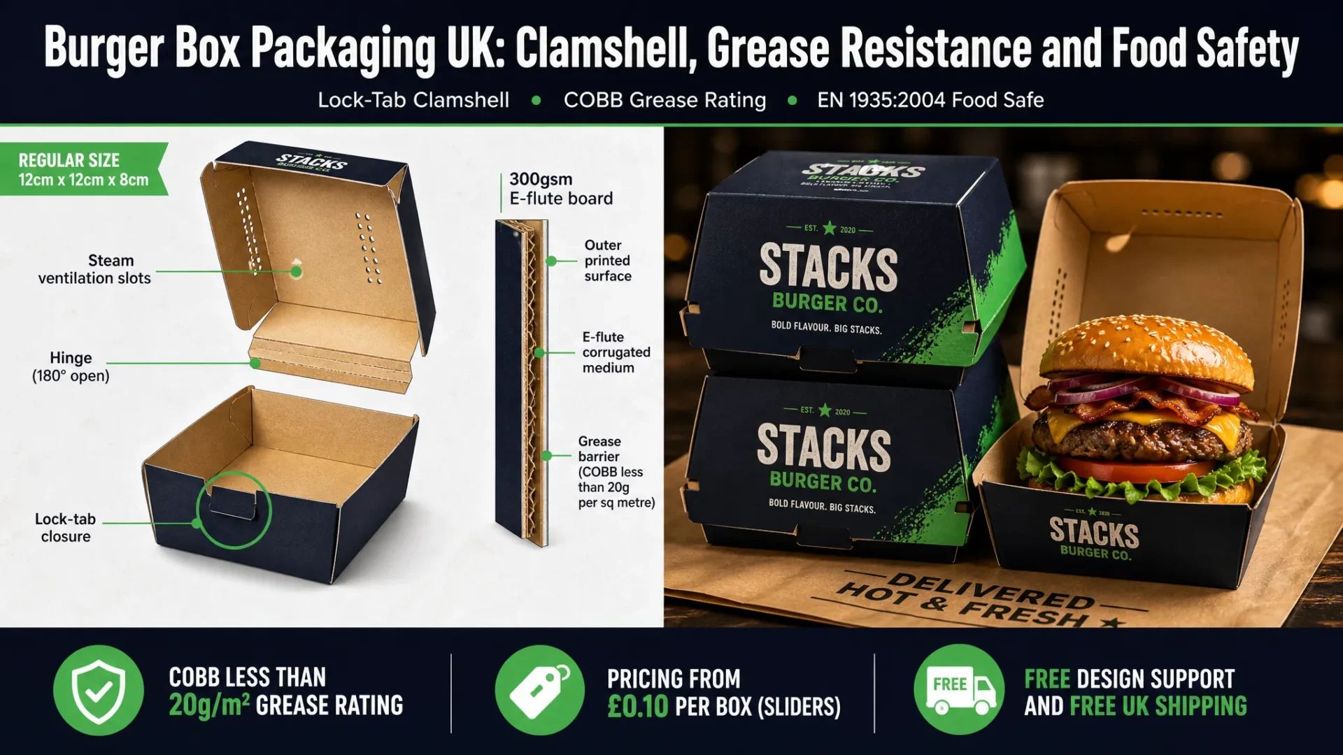 Split-screen featured image showing on the left an exploded clamshell burger box diagram with callouts for the lock-tab closure, steam ventilation slots, 300gsm E-flute board and grease barrier COBB rating less than 20g per square metre, and on the right a branded burger box on a delivery bag with a second box stacked on top. Top banner reads Burger Box Packaging UK Clamshell Grease Resistance and Food Safety. Bottom badges: COBB Less Than 20g per Square Metre, Pricing From £0.10 Per Box Sliders, Free Design Support and Free UK Shipping. Wabs Print