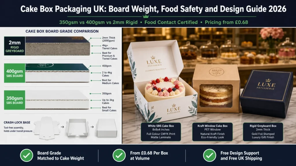 Split-screen featured image showing on the left three cake box board grade cross-sections labelled 350gsm SBS up to 2kg, 400gsm SBS 2 to 4kg, and 2mm rigid greyboard 4kg plus with weight capacity callouts and a crash-lock base diagram, and on the right three cake boxes on a bakery counter including a white SBS box with CMYK print open showing a decorated cake, a kraft windowed box, and a rigid greyboard gift box with gold foil. Top banner reads Cake Box Packaging UK Board Weight Food Safety and Design Guide 2026. Bottom badges: Board Grade Matched to Cake Weight, From £0.68 Per Box at Volume, Free Design Support and Free UK Shipping. Wabs Print
