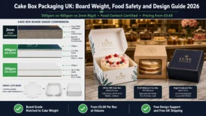 Split-screen featured image showing on the left three cake box board grade cross-sections labelled 350gsm SBS up to 2kg, 400gsm SBS 2 to 4kg, and 2mm rigid greyboard 4kg plus with weight capacity callouts and a crash-lock base diagram, and on the right three cake boxes on a bakery counter including a white SBS box with CMYK print open showing a decorated cake, a kraft windowed box, and a rigid greyboard gift box with gold foil. Top banner reads Cake Box Packaging UK Board Weight Food Safety and Design Guide 2026. Bottom badges: Board Grade Matched to Cake Weight, From £0.68 Per Box at Volume, Free Design Support and Free UK Shipping. Wabs Print