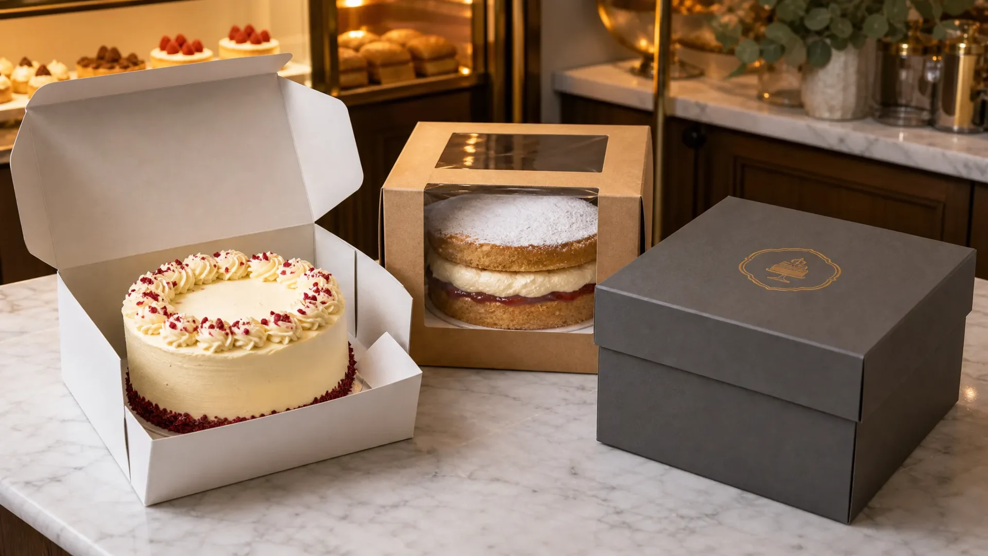 Three cake box types white SBS kraft window rigid greyboard bakery counter custom cake boxes UK | Wabs Print