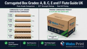 Split-screen featured image showing on the left a vertical stack of five corrugated board cross-sections labelled F-flute 0.75mm, E-flute 1.5mm, B-flute 3mm, C-flute 4mm, and A-flute 5mm with increasing wave amplitude from top to bottom, and on the right a fully assembled B-flute RSC corrugated box in brown kraft with full colour CMYK print at a 3D angle showing the corrugated edge at the corner. Top banner reads Corrugated Box Grades A B C E F Flute Guide UK with subtitle Flute Grade Comparison ECT Strength Ratings Real UK Pricing. Bottom badges: All 5 Flute Grades Explained F Through A, Real Pricing from £0.32 Per Unit, Free Design Support and Free UK Shipping. Wabs Print logo bottom right. | Wabs Print"