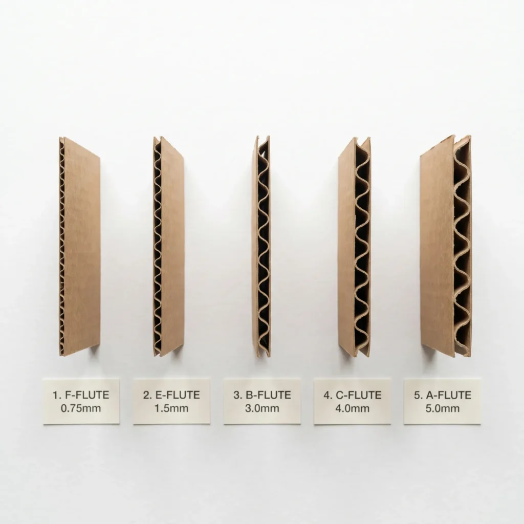 Five corrugated flute grades F E B C A comparison flat lay samples corrugated board types UK | Wabs Print