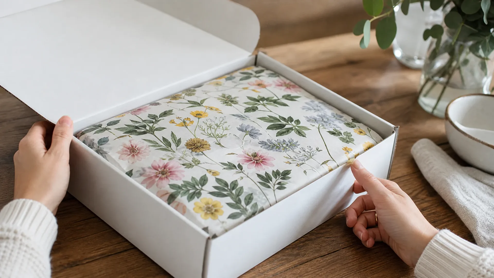 Full colour CMYK printed tissue paper unboxing mailer box lifestyle shot custom tissue paper UK | Wabs Print
